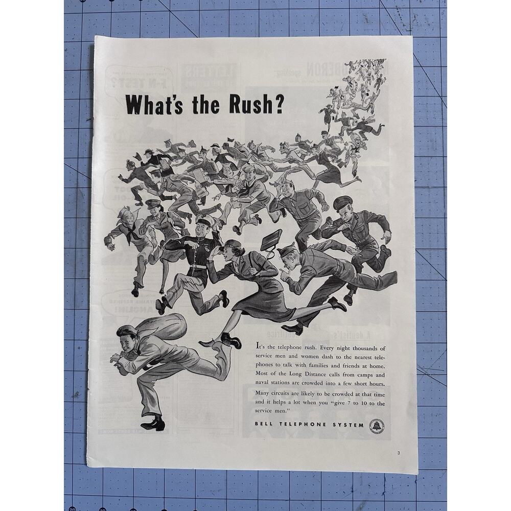 1944 Bell Telephone System Whats The Rush WWII Service Men Women VTG Print Ad
